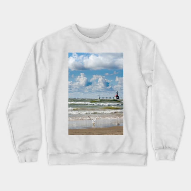 Michigan lighthouse on a wild lake Michigan Crewneck Sweatshirt by iyd39